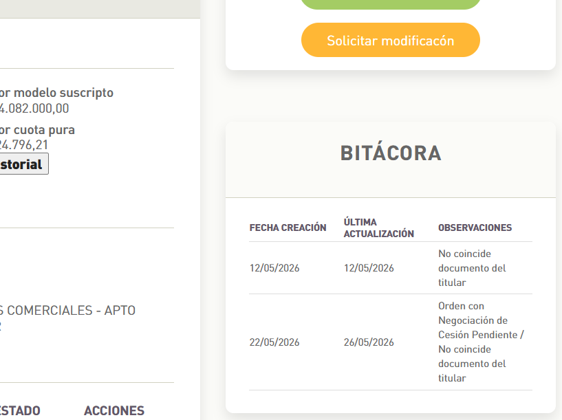Bitácora dentro del legajo